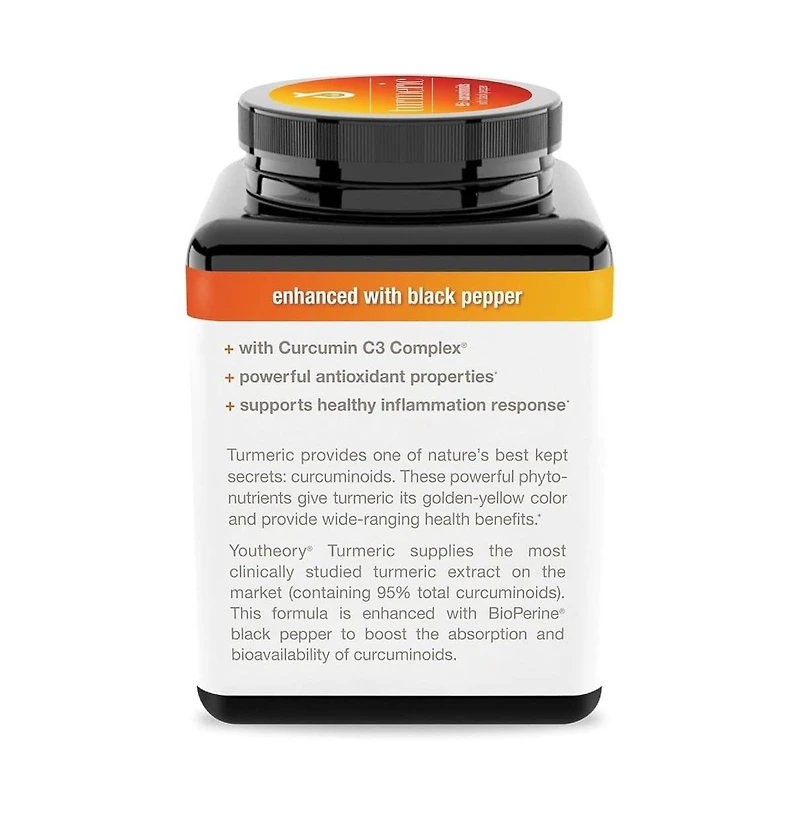 Youtheory Turmeric Extra Strength 1000 Milligram Turmeric Supplement with 10 Milligram Pepper 180 Vegetarian Capsules 2 Pack