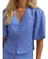 Mint Velvet Women's V-Neck Short Puff-Sleeve Scalloped Edge Blouse