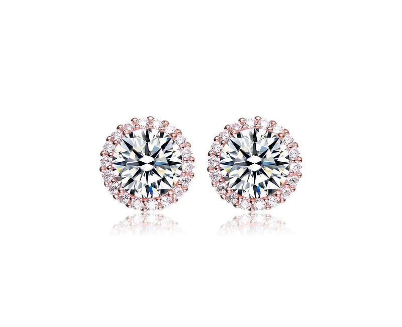 Genevive Sterling Silver White Gold Plating with Clear Cubic Zirconia Button Stud Earrings