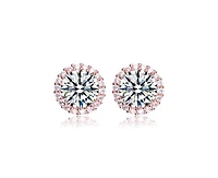 Genevive Sterling Silver White Gold Plating with Clear Cubic Zirconia Button Stud Earrings