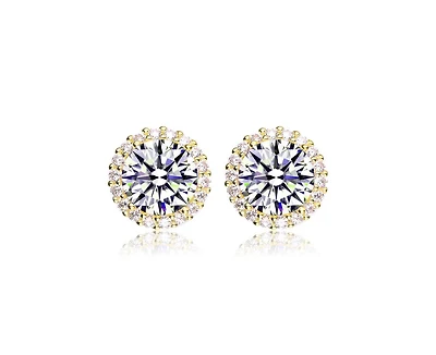 Genevive Sterling Silver White Gold Plating with Clear Cubic Zirconia Button Stud Earrings