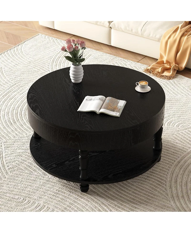 The Pop Home Solid Wood Round Lift-Top Coffee Table with Hidden Storage and Shelf