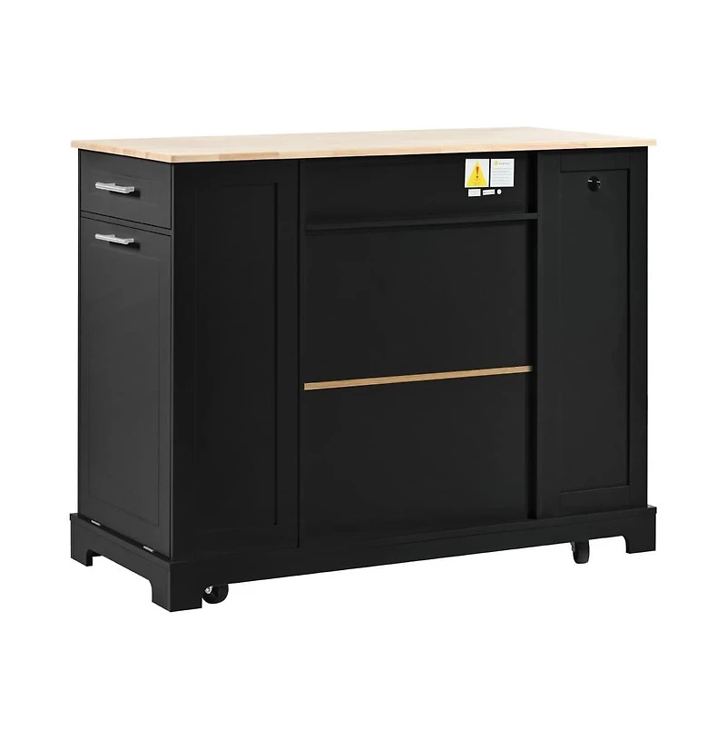 Rolling Kitchen Island with Trash Bin Cabinet, Power Outlet, 3 Drawers, Side Spice Racks, Solid Wood Top, Lockable Wheels-Maison Boucle