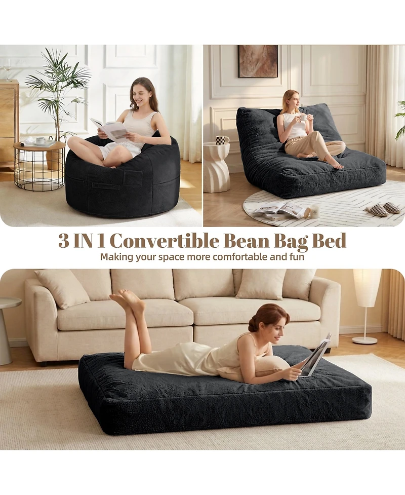 4 1 Bean Bag Chair for Adult, Large Beanbag with Memory Foam and Removable Cover, Oversized Ultra Soft Velvet Lazy Sofa Couch Bed
