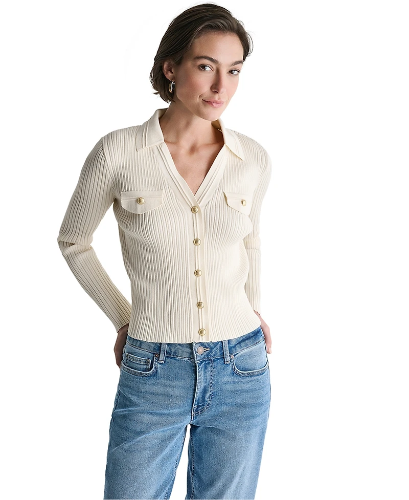Bcbg Women's Ribbed Knit Collared V-Neck Cardigan