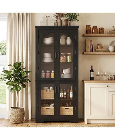 gaomon Kitchen Pantry Cabinet Modern Display with 4 Arched Glass Doors and Adjustable Shelves