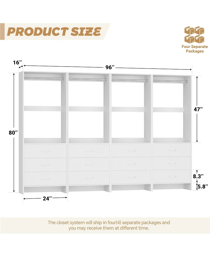 24" 4PC Freestanding Closet Organizer System with Hanging Rods and Drawers