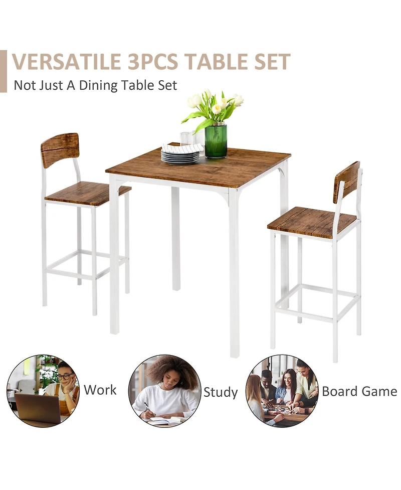 Flynama 3-Piece Industrial Bar Set, Square Steel Frame Table and 2 Stools with Footrests