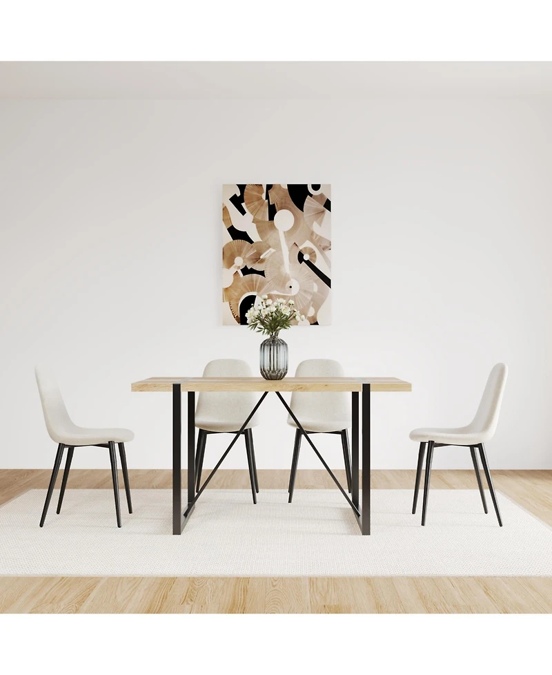 Flynama 5-Piece 55" Wood Tone Dining Set, Linen Chairs and Metal Base