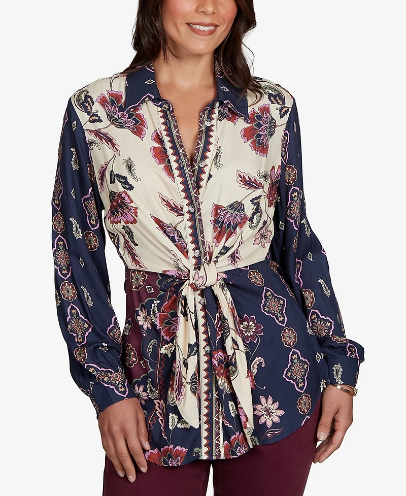 Ruby Rd. Petite Garden Tie-Front Long-Sleeve Floral-Print Blouse