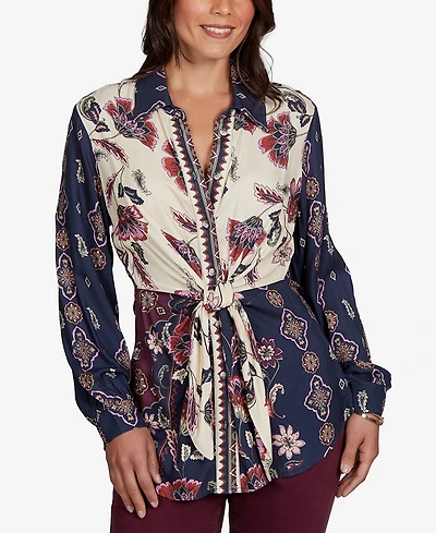 Ruby Rd. Petite Garden Tie-Front Long-Sleeve Floral-Print Blouse