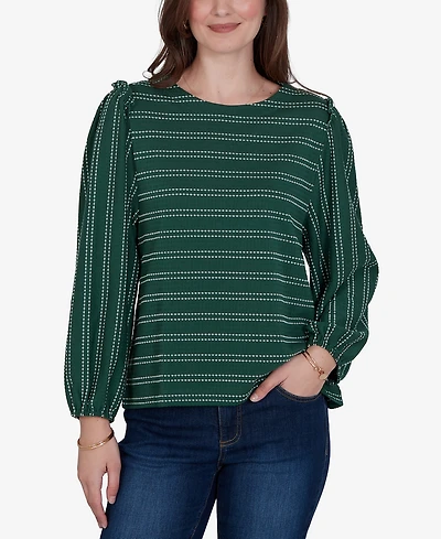 Ruby Rd. Petite Long-Sleeve Dobby-Stripe Crewneck Blouse