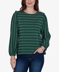 Ruby Rd. Petite Long-Sleeve Dobby-Stripe Crewneck Blouse