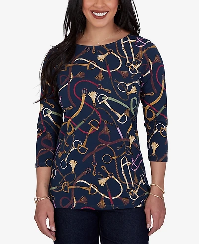 Ruby Rd. Petite Boat Neck 3/4-Sleeve Equestrian Print Blouse