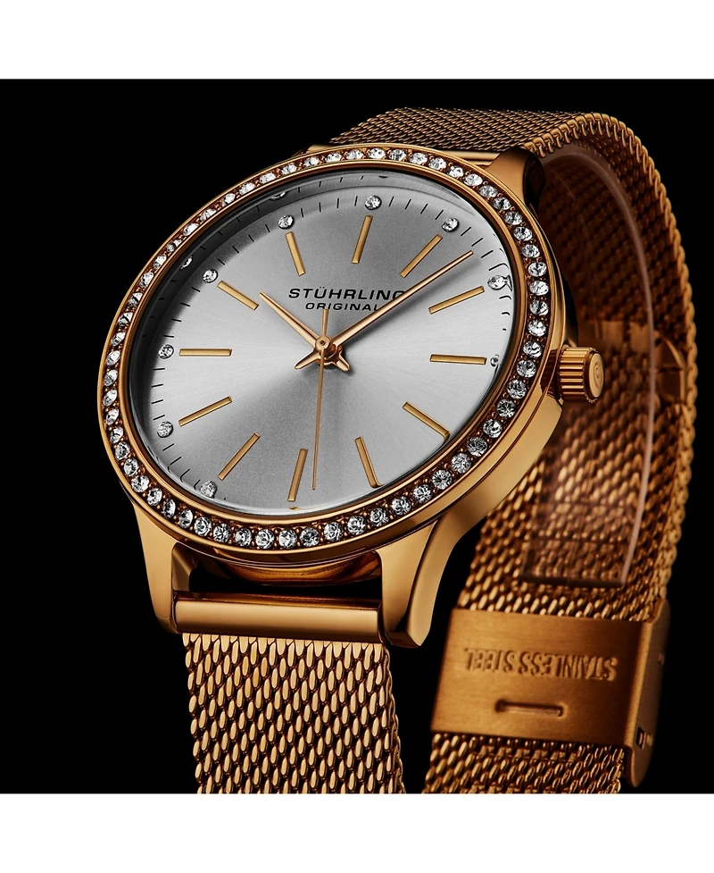 Women's Quartz Watch Crystal Studded Rose Gold Tone Stainless Steel Case Silver Dial Rose Hands and Markers Rose Mesh Bracelet