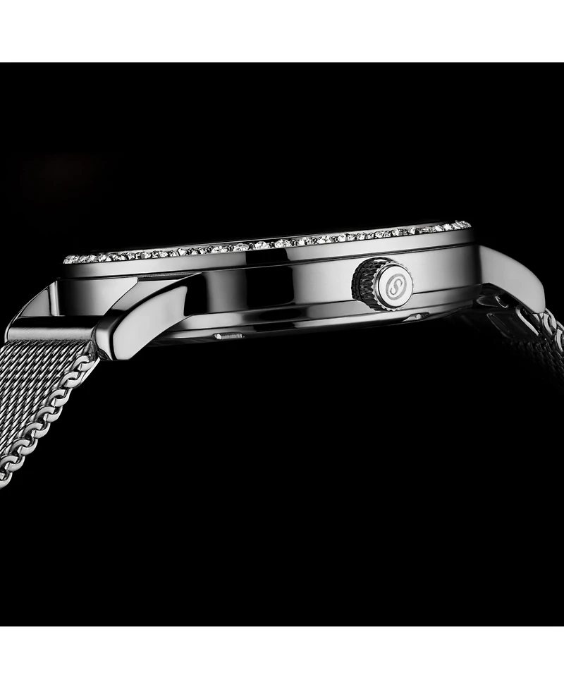 Women's Quartz Watch Crystal Studded Silver Tone Stainless Steel Case Blue Dial Silver Hands and Markers Mesh Bracelet