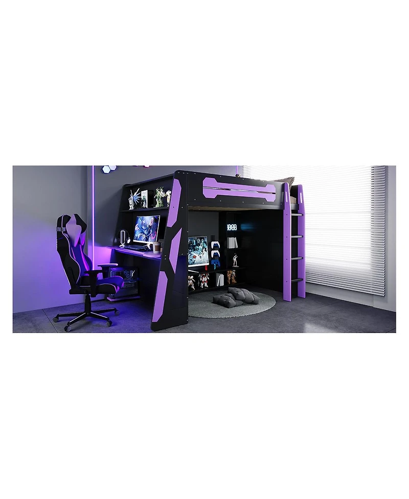 Streamdale Furniture Full Size Wood Loft Bed with Desk, Multi-storage Shelves and Rgb Light