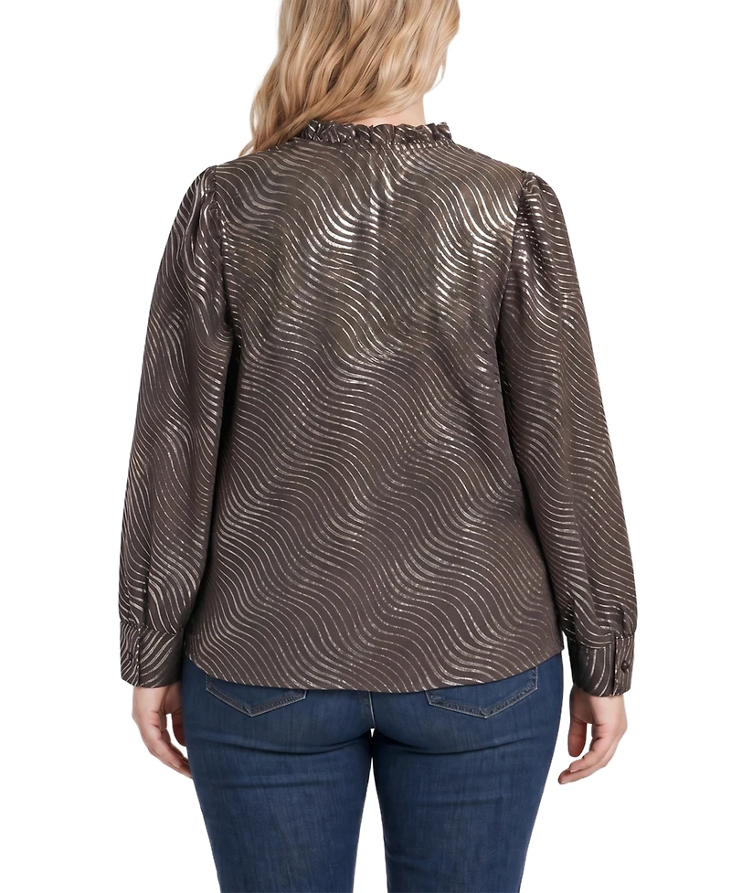Ny Collection Plus Metallic-Print V-Neck Long-Sleeve Blouse