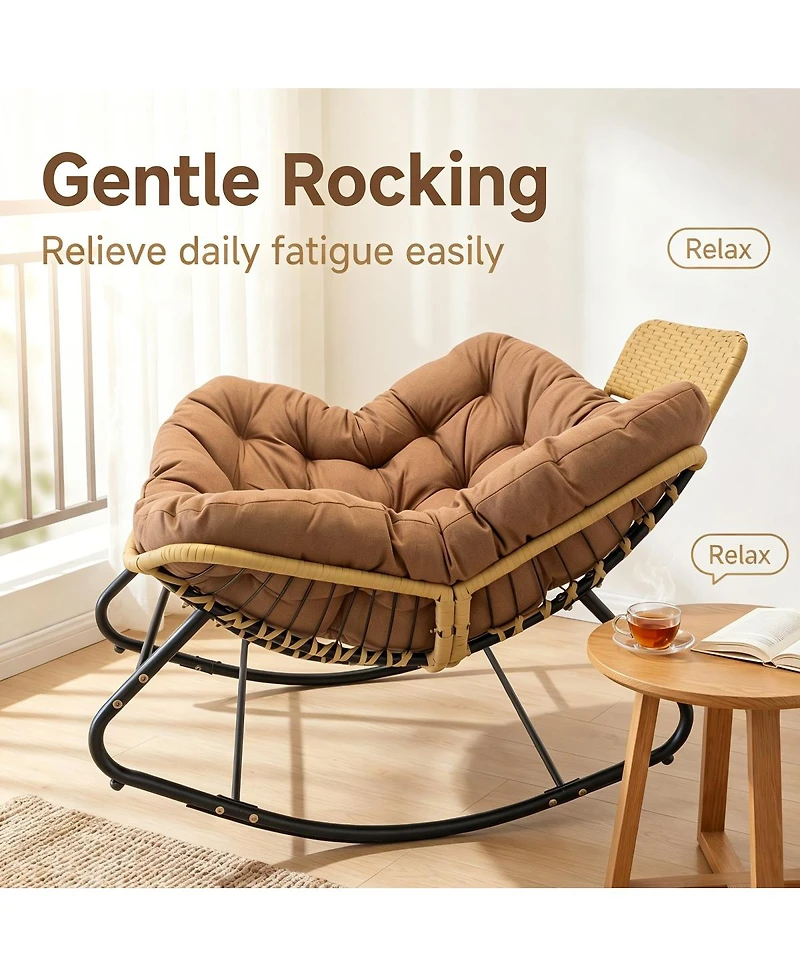 Streamdale Furniture Outdoor Papasan Wicker Rocking Chair with Thick Cushion and Head Pillow