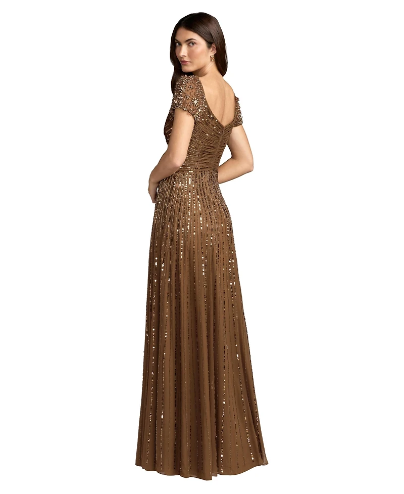 Mac Duggal Women's Beaded Cap Sleeve V-Neck A-Line Evening Gown