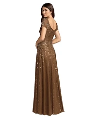 Mac Duggal Women's Beaded Cap Sleeve V-Neck A-Line Evening Gown