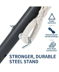 Double Hammock with Heavy-Duty Steel Stand, Indoor Outdoor Portable 2-Person Striped Cotton Freestanding Hammock with Carry Bag for Garden Camping