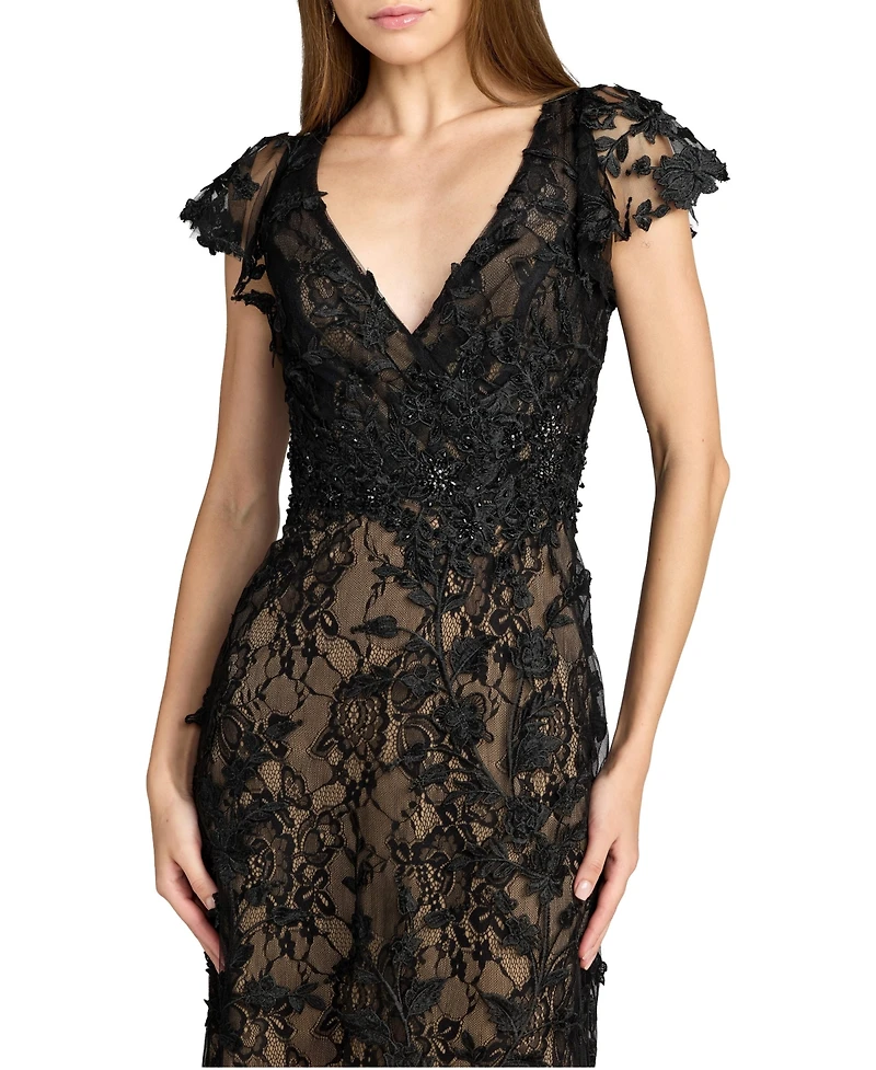 Mac Duggal Women's Embroidered Applique Wrap Over Flutter Sleeve Gown