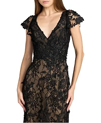 Mac Duggal Women's Embroidered Applique Wrap Over Flutter Sleeve Gown