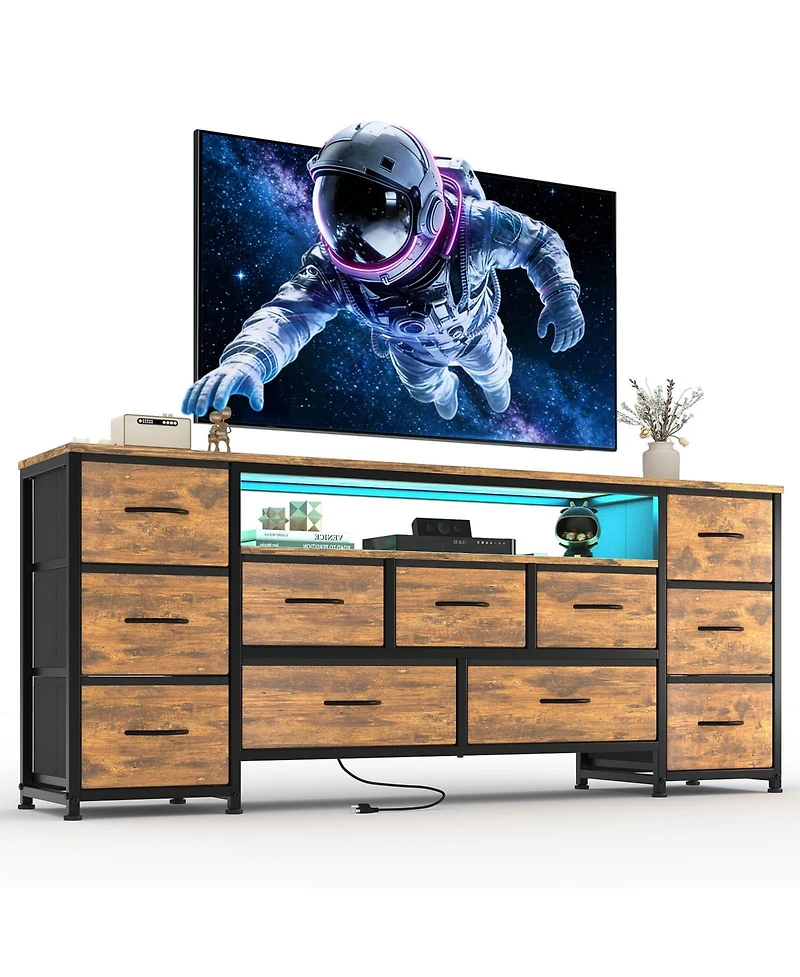 63" 11-Drawer Dresser and Tv Stand with Power Outlets and Led Lights, Entertainment Center