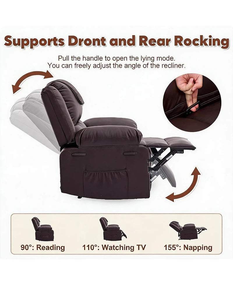 Manual Recliner Chair for Adults Heat Massage, 135 degrees Adjustable Backrest Pu Leather Wide-Seat Lounge Armchair with Side Pockets for Living Room
