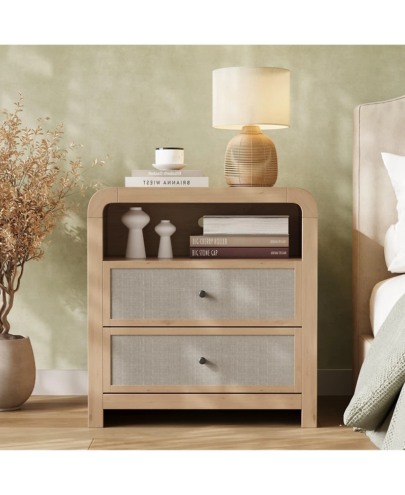 2-Drawer Nightstand, Modern Bedside Table with Built in Charging Station, Anti-Tip Kit, Sturdy Storage Cabinet for Bedroom, Living Room, Entryway