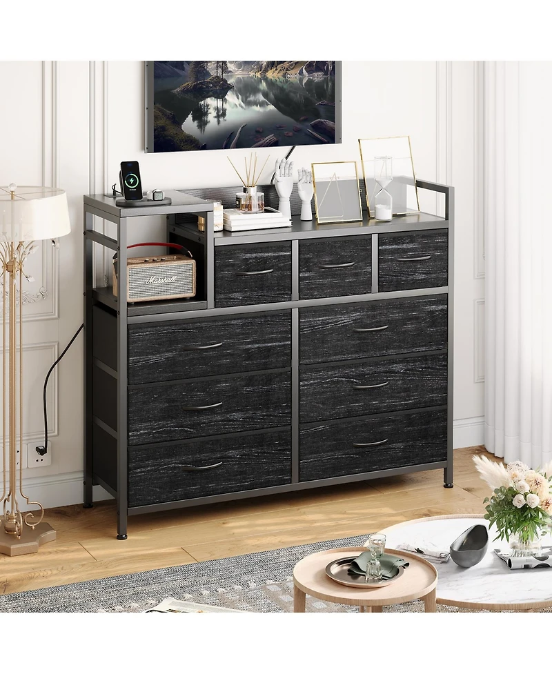 9 Drawer Dresser, Modern 39 Inch Chest of Drawers with Charging Station, Outlets, Multi Purpose Tv Stand for Bedroom, Living Room, Hallway, Black