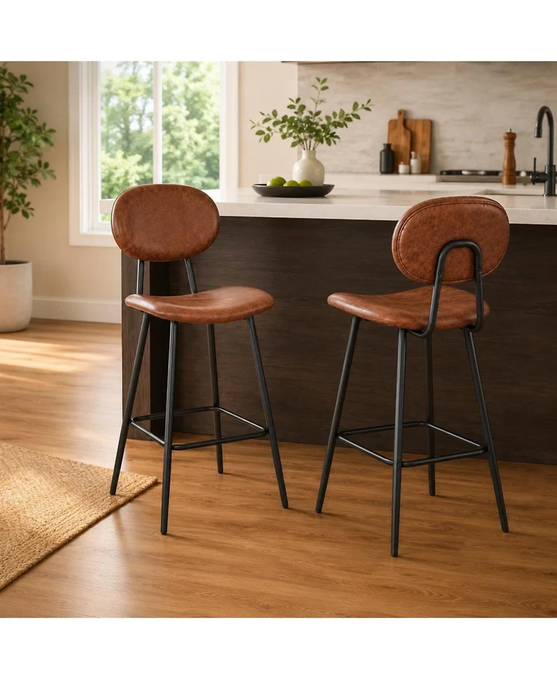 Set of 2 Bar Stools 43" Counter Height Faux Leather High Backrest with Metal Legs and Footrest for Kitchen Island Bar Dining Room Dark Brown