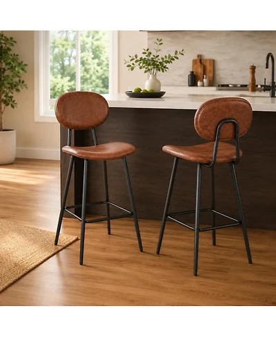 Set of 2 Bar Stools 43" Counter Height Faux Leather High Backrest with Metal Legs and Footrest for Kitchen Island Bar Dining Room Dark Brown