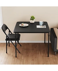 Folding Table and Chairs Set 3 Piece Square Poker Table with Metal Frame Pu Leather Seats Space Saving Portable for Party Game Night Camping