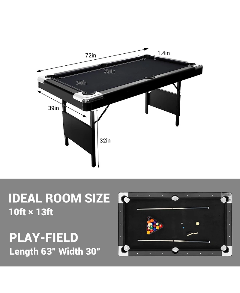 6 ft Pool Table, Folding Billiards Table with Accessories Set, Portable Pool Table Includes Balls, 2 Cue Sticks, Chalk and Brush for Home Game Room