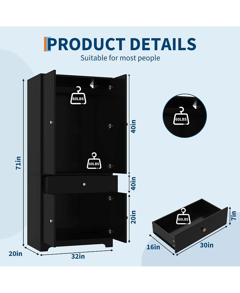 71" Modern Wooden Armoire Wardrobe with Drawer, 4 Doors and Adjustable Shelves,BlackandWhite