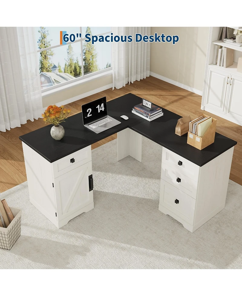 Farmhouse 60" L-Shaped Executive Desk with File Drawers and Adjustable Cabinet