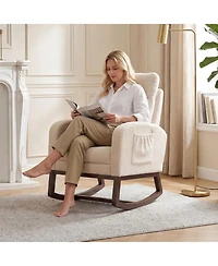 Nursery Glider Rocking Chair with Adjustable High Back, Side Pocket, Footrest, Stuffed Animal Upholstered Nursing Rocker with Wood Base for Nursery
