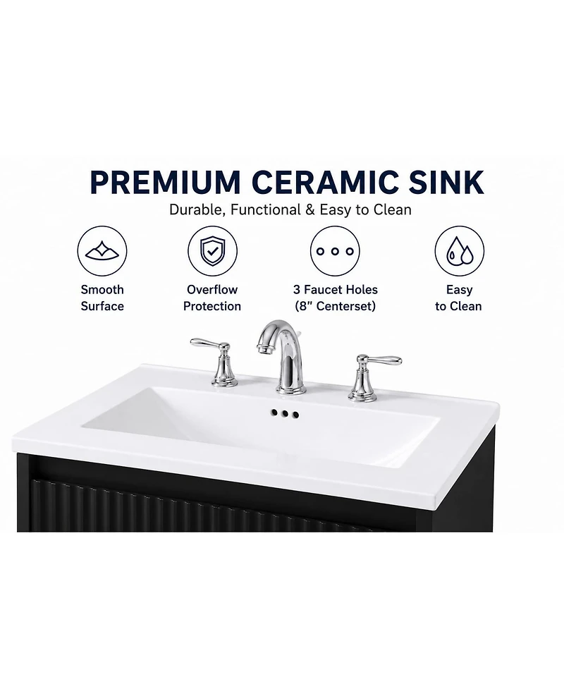 Wall Mounted Vanity with Sink 24 Inch Wood Fluted 2 Door Bathroom Cabinet 8" 3 Hole Ceramic Sink for Small Modern Bathroom