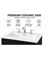 Wall Mounted Vanity with Sink 24 Inch Wood Fluted 2 Door Bathroom Cabinet 8" 3 Hole Ceramic Sink for Small Modern Bathroom