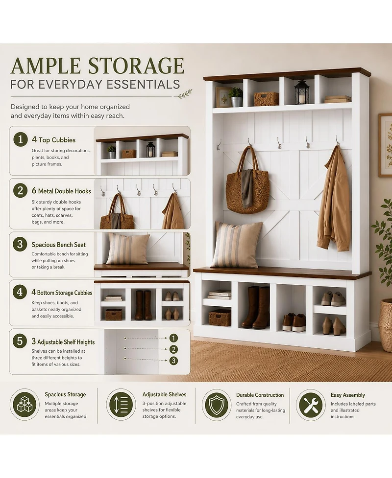 Streamdale Furniture Farmhouse Hall Tree with Bench and Shoe Storage