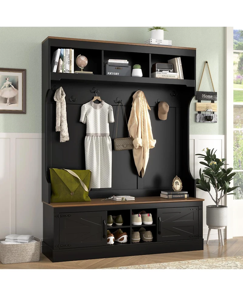Streamdale Furniture 71" Farmhouse Hall Tree with Bench and Shoe Storage