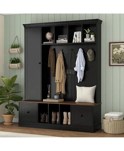 Streamdale Furniture Farmhouse Hall Tree with Shoe Storage Bench and Coat Rack