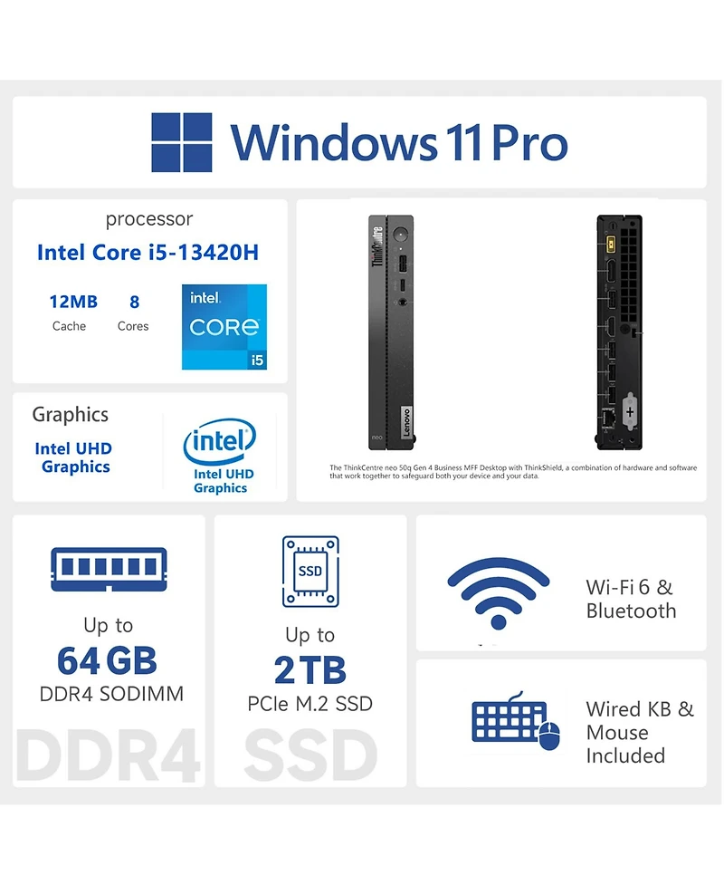Lenovo ThinkCentre neo 50q Business Mff Desktop, Intel Core i5-13420H, Intel Uhd Graphics, 16GB DDR4, 512GB Ssd, Wi-Fi 6, Win11 Pro, Black