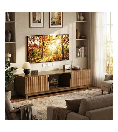 70" Fluted Mid-Century Tv Stand for TVs up to 80", Storage and Adjustable Shelves, Brown