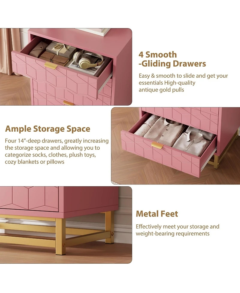 4 Drawer Dresser, Modern Chest of Drawers with Gold Metal Handles, Versatile Organizer Cabinet for Bedroom, Living Room, Hallway, Entryway