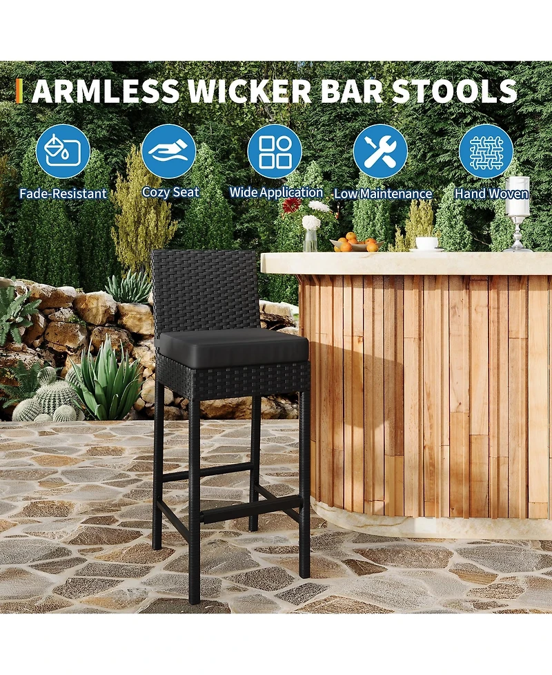 Set of 2 Wicker Outdoor Bar Stools, Counter Height Patio Bar Chairs with Soft Cushions, Backrest, Footrest, Weather Resistant Frame for Yard, Poolside