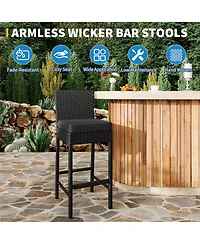 Set of 2 Wicker Outdoor Bar Stools, Counter Height Patio Bar Chairs with Soft Cushions, Backrest, Footrest, Weather Resistant Frame for Yard, Poolside