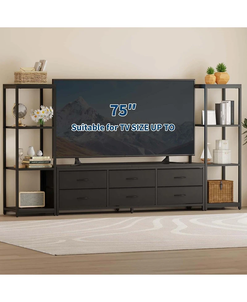 Large Tv Stand with Drawers and Bookshelves Entertainment Center Storage Media Console for TVs Up to 75 Inches Wall Unit Cabinet Living Room Black